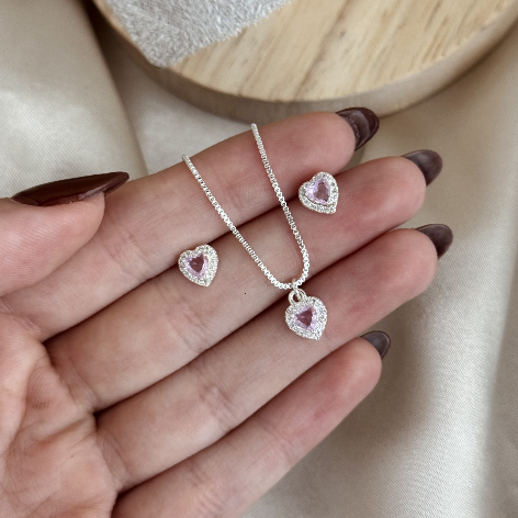 Conjunto coração delicado rosa claro